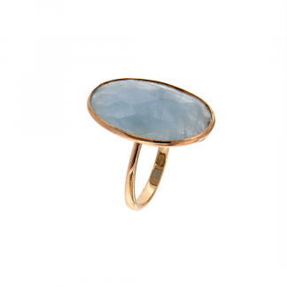 Anello in oro rosa 18kt con acquamarina milk ovale cab sfaccettata 23x16mm
