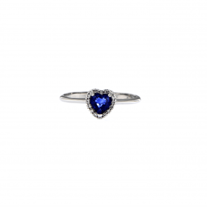 Anello in oro bianco 18kt con zaffiro blu cuore 5mm e diamanti G VS1