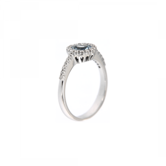 Anello in oro bianco 18kt con acquamarina taglio brillante 6mm e diamanti GVS1