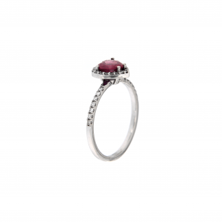 Anello in oro bianco 18kt con rubini taglio cuore 6mm e diamanti G VS1