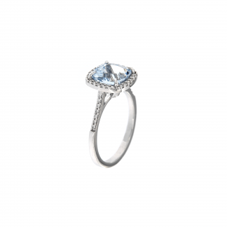 Anello in oro bianco 18kt con acquamarina antico 8mm e diamanti GVS1