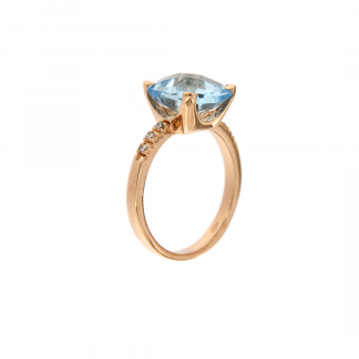 Anello in oro rosa 18kt con topazio azzurro antico brio 8x8mm e diamanti GVS1