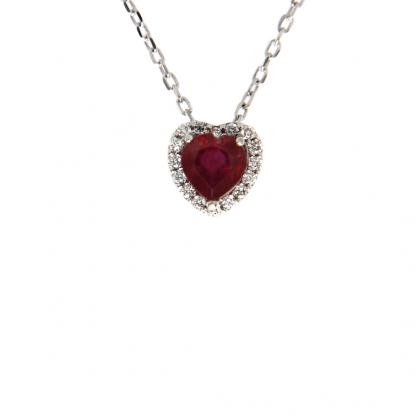 Pendente in oro bianco 18kt con rubino cuore 5mm e diamanti GVS1