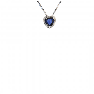 Pendente in oro bianco 18kt con zaffiro blu taglio cuore 5mm e diamanti GVS1