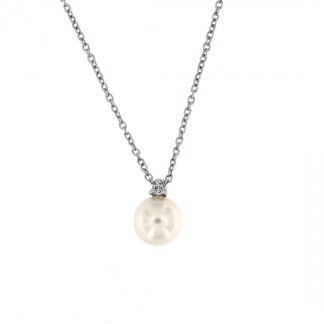 Pendente in oro bianco 18kt con perla akoya 7,5-8mm e diamanti GVS1
