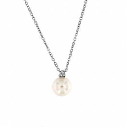 Pendente in oro bianco 18kt con perla akoya 7,5-8mm e diamanti GVS1