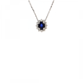 Pendente in oro bianco 18kt con zaffiro blu ovale 5x4mm e contorno in diamanti GVS1