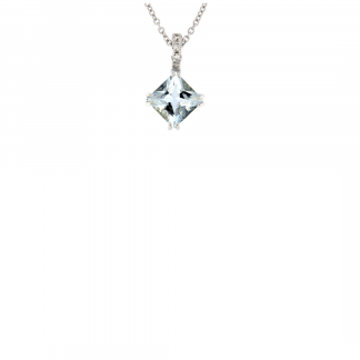 Pendente in oro bianco 18kt con acquamarina carrè 6mm e diamanti GVS1