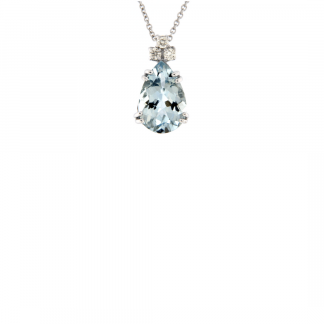 Pendente in oro bianco 18kt con acquamarina taglio goccia 12x8mm e diamanti GVS1