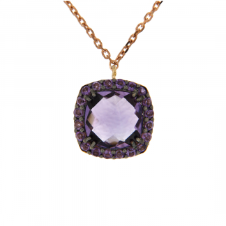 Pendente in oro rosa 18kt con ametista antico brio 8mm e contorno in ametista