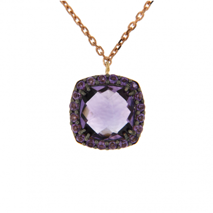 Pendente in oro rosa 18kt con ametista antico brio 8mm e contorno in ametista