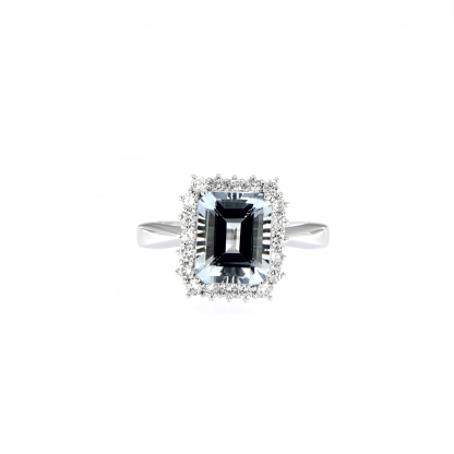 Anello in oro bianco 18kt con acquamarina ottagonale 10x8mm e diamanti GVS1