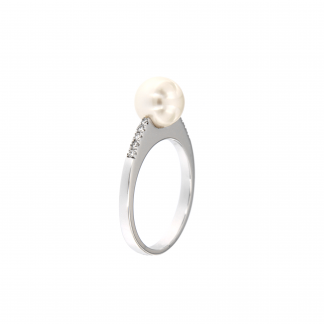Anello in oro bianco 18kt con perla akoya e diamanti GVS1