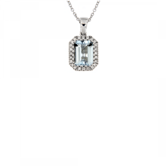 Pendente in oro bianco 18kt con acquamarina ottagonale 7x5mm e contorno di diamanti GVS1