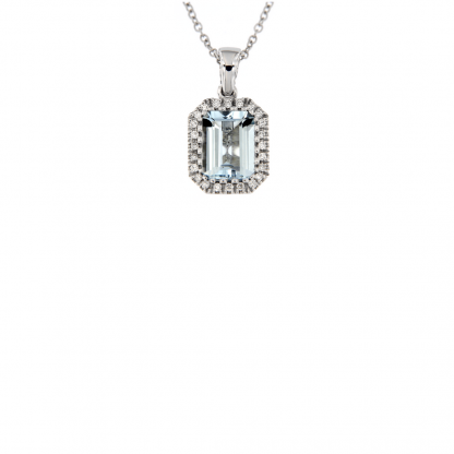 Pendente in oro bianco 18kt con acquamarina ottagonale 7x5mm e contorno di diamanti GVS1