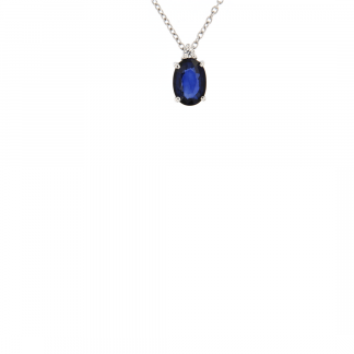 Pendente in oro bianco 18kt con zaffiro blu ovale 7x5mm e diamanti GVS1