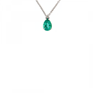 Pendente in oro bianco 18kt con smeraldo goccia 7x5mm e diamanti GVS1