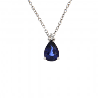 Pendente in oro bianco 18kt con zaffiro blu goccia 7x5mm e diamanti GVS1