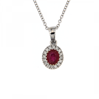 Pendente in oro bianco 18kt con rubino ovale 5x4mm e diamanti GVS1