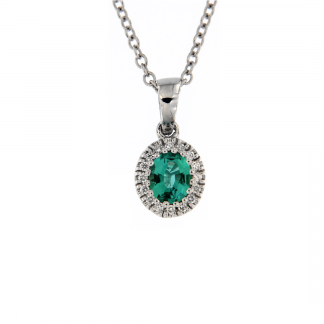 Pendente in oro bianco 18kt con smeraldo ovale 5x4mm e diamanti GVS1
