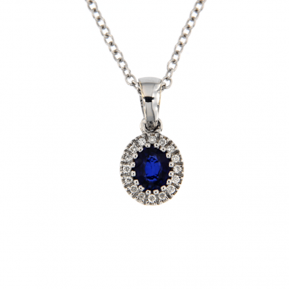 Pendente in oro bianco 18kt con zaffiro blu ovale 5x4mm e diamanti GVS1
