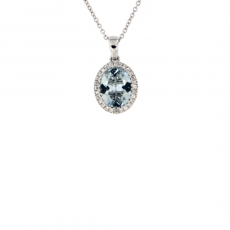 Pendente in oro bianco 18kt con acquamarina ovale 10x8mm e contorno di diamanti GVS1