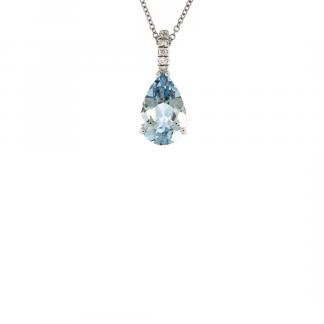 Pendente in oro bianco 18kt con acquamarina 2,43 ct taglio goccia 12x8mm e diamanti GVS1