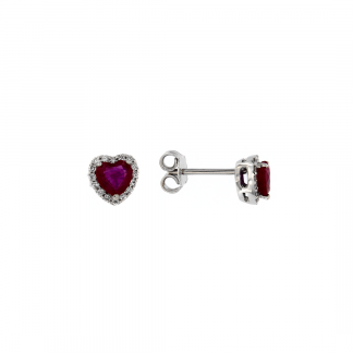 Orecchini in oro bianco 18kt con rubino cuore 5mm e diamanti GVS1
