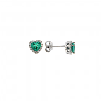 Orecchini in oro bianco 18kt con smeraldo taglio cuore 5mm e contorno in diamanti GVS1
