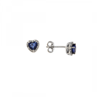 Orecchini in oro bianco 18kt con zaffiro blu cuore 5mm e diamanti GVS1