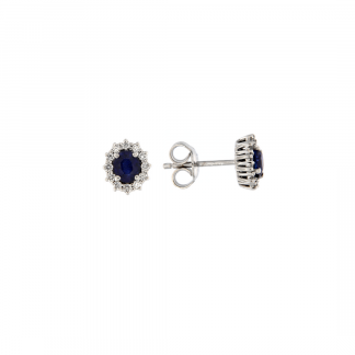 Orecchini in oro bianco 18kt con zaffiro taglio ovale 5x4mm  e contorno in diamanti GVS1