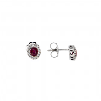 Orecchini in oro bianco 18kt con rubino ovale 5x4mm e diamanti GVS1