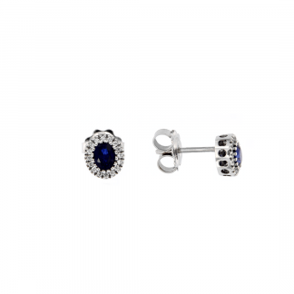 Orecchini in oro bianco 18kt con zaffiro ovale 5x4mm e diamanti GVS1